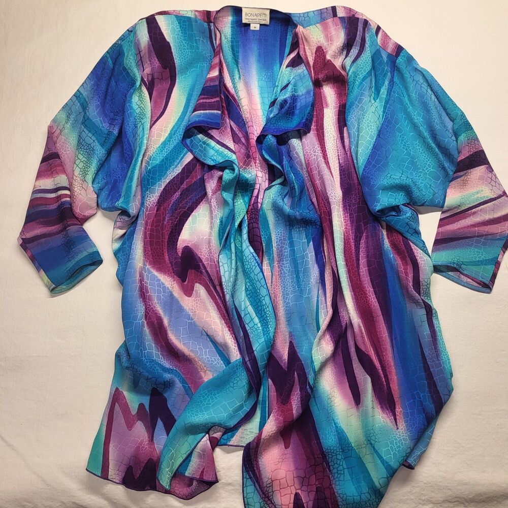 Vintage 80s 100% Silk Open Front Blazer Jacket MED Hand Painted Flowy Watercolor